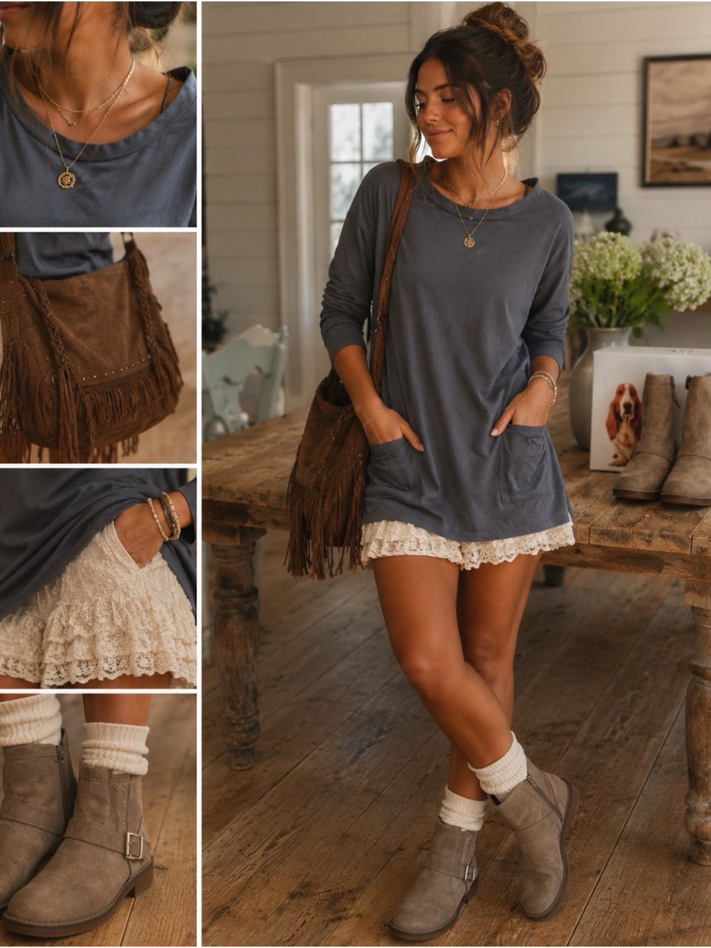 Emerald Slate Blue M Long-Sleeve Tunic Dress with Pockets Buttons Down Back Soft